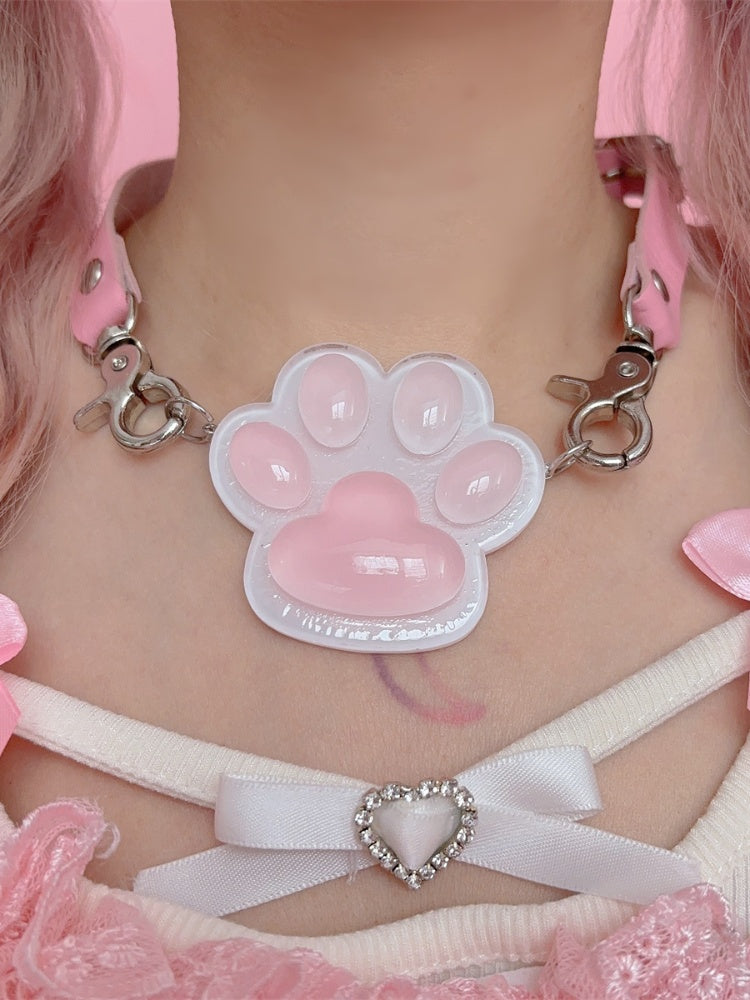 ブルー/ピンクの猫の足跡PUチョーカー