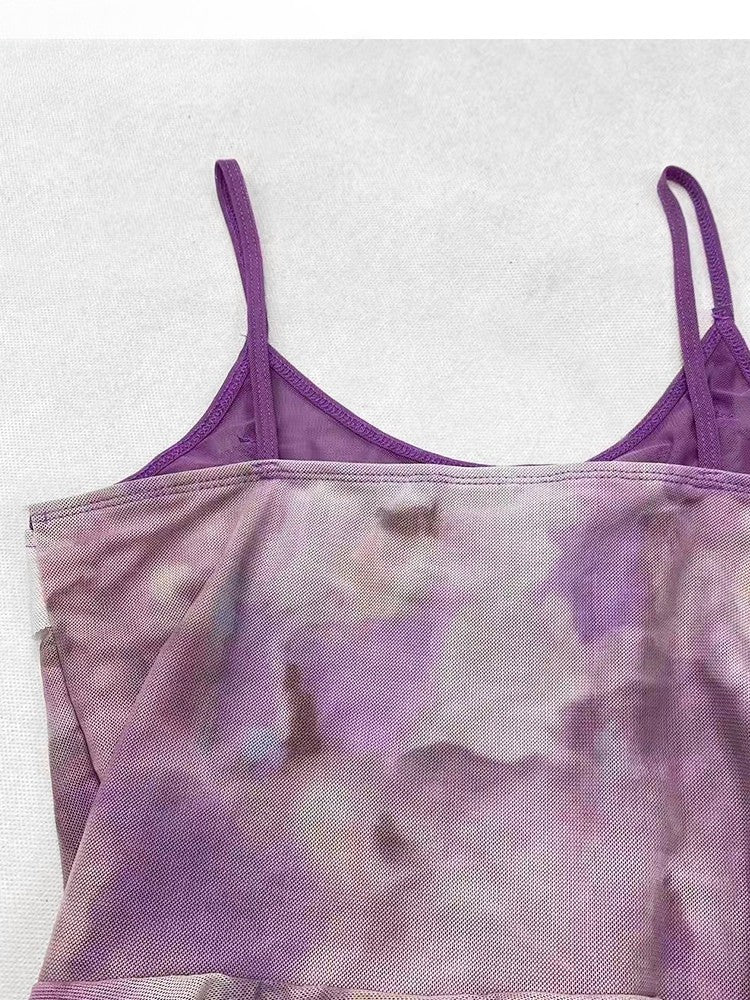 Purple Hem Asymmetrical Ruffles Top Design Dye + Tie Cami Scarf Y2K Trim
