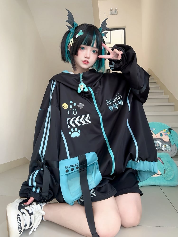 Hooded Techwear Black Futuristic Jacket Blue and Cyberpunk