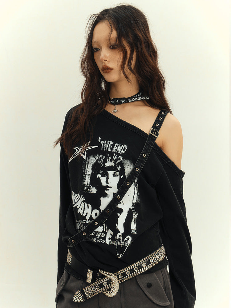 Cutout Shoulder Top Y2K Punk Black Asymmetrical