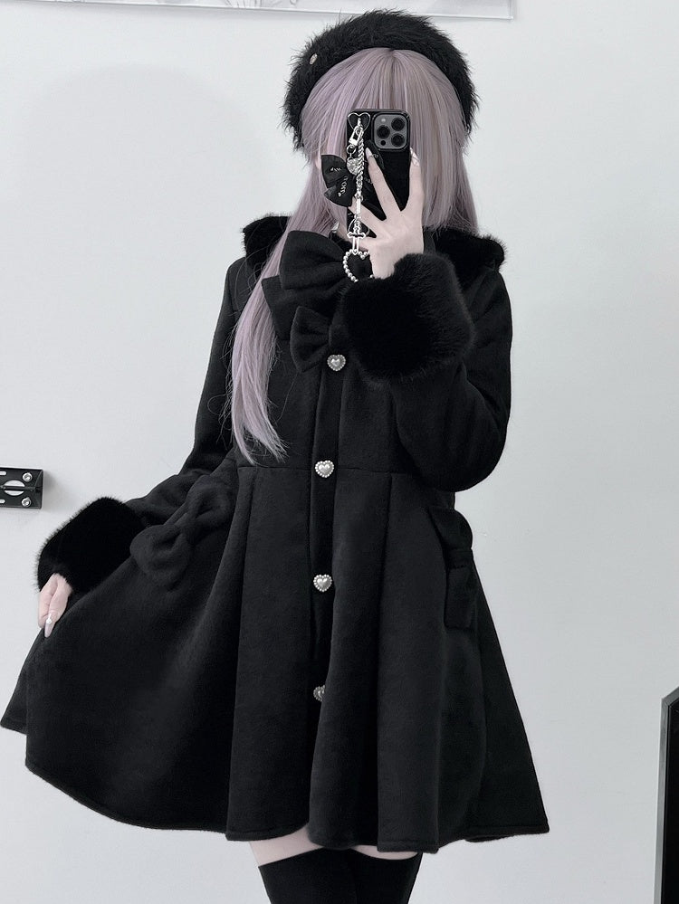 and Kei Plush Beaded Black Bowknot Collar Decorated Cuffs Details Jirai Coat