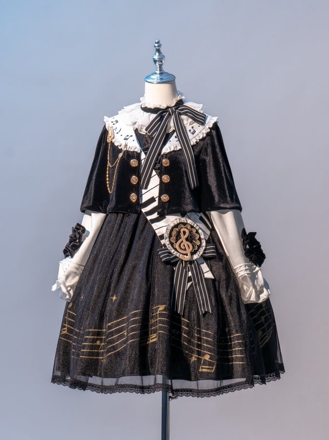 音符プリントの白黒長袖ロリータOPフルセット