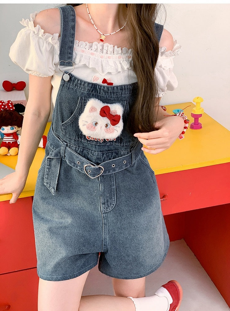 Heart Shorts Plush Kitty Denim Dark Blue Faded Buckle Wash Belt Overall with