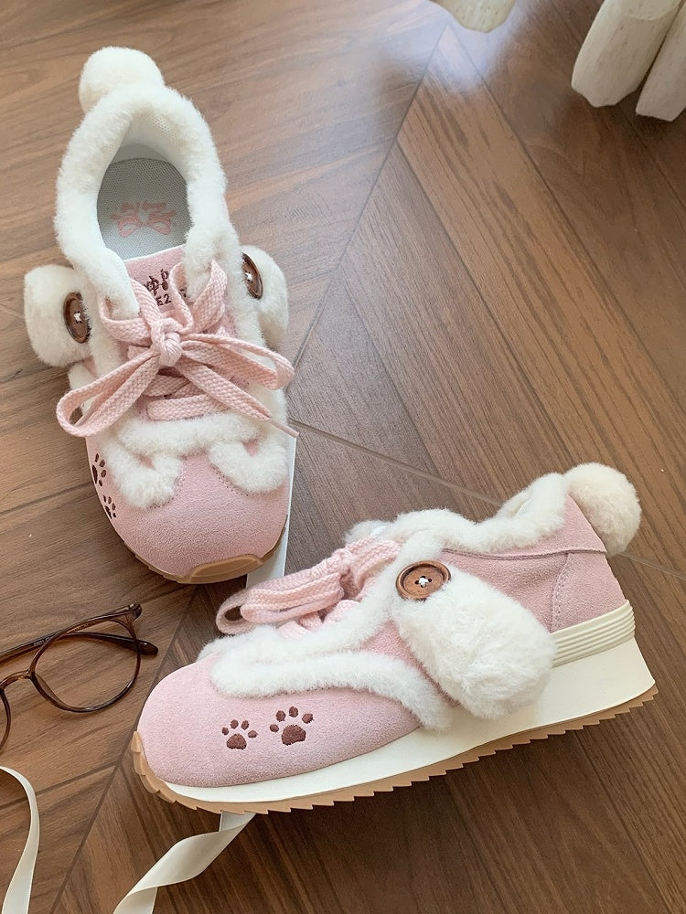 Sweet with Accents Ears Tail Paw Embroidery Sneakers Print - Plush Pink Dog Lolita