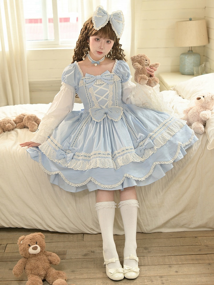and Short Piece Blue One Neckline Puff Old Lolita School Sleeves Cotton Dress Square