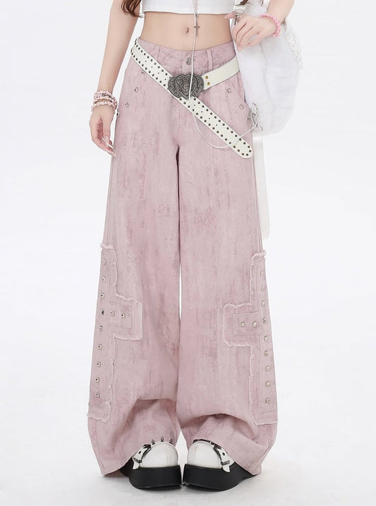 Pink Low Waist Studded Light Cross Appliques Wide-Leg Jeans