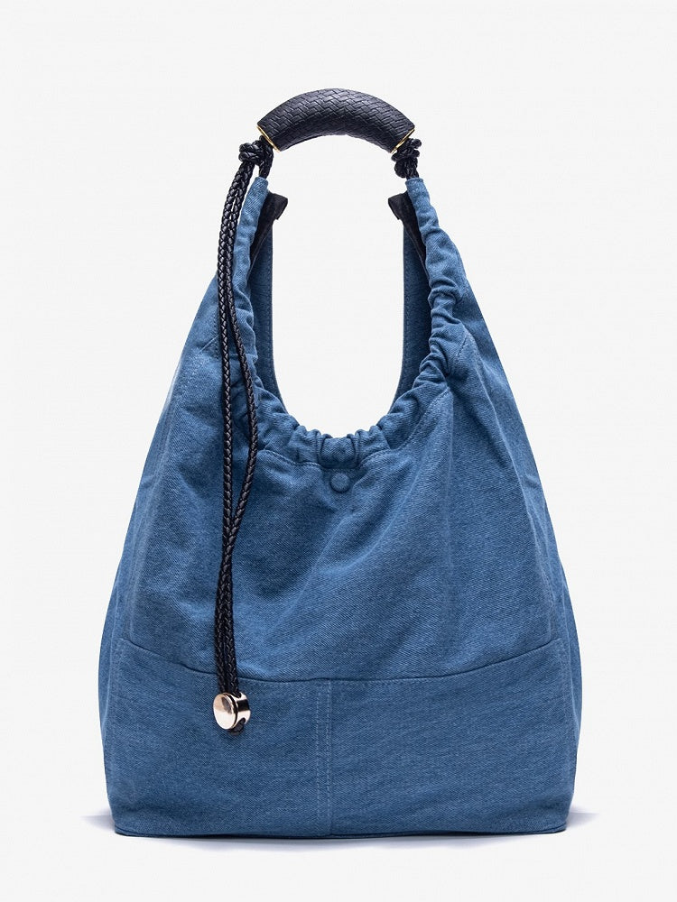Denim Capacity Tote Shoulder Bag With Adjustable Braided Strap Blue Large