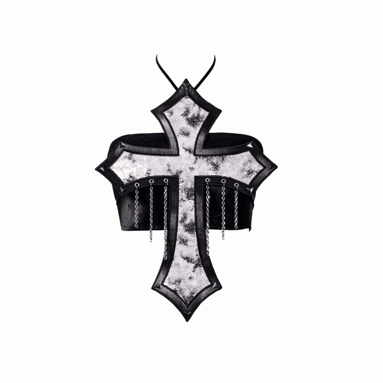 Decorated Cross Strapless Cyberpunk Top Fashion Y3K Chains Futuristic Black Silver Sequins and