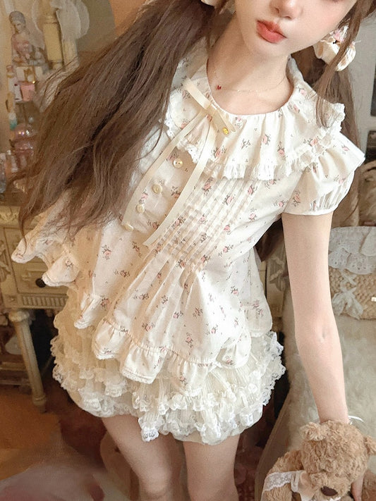 Dollcore Bluse Beige Blumen Rüschenbesatz Print Mit