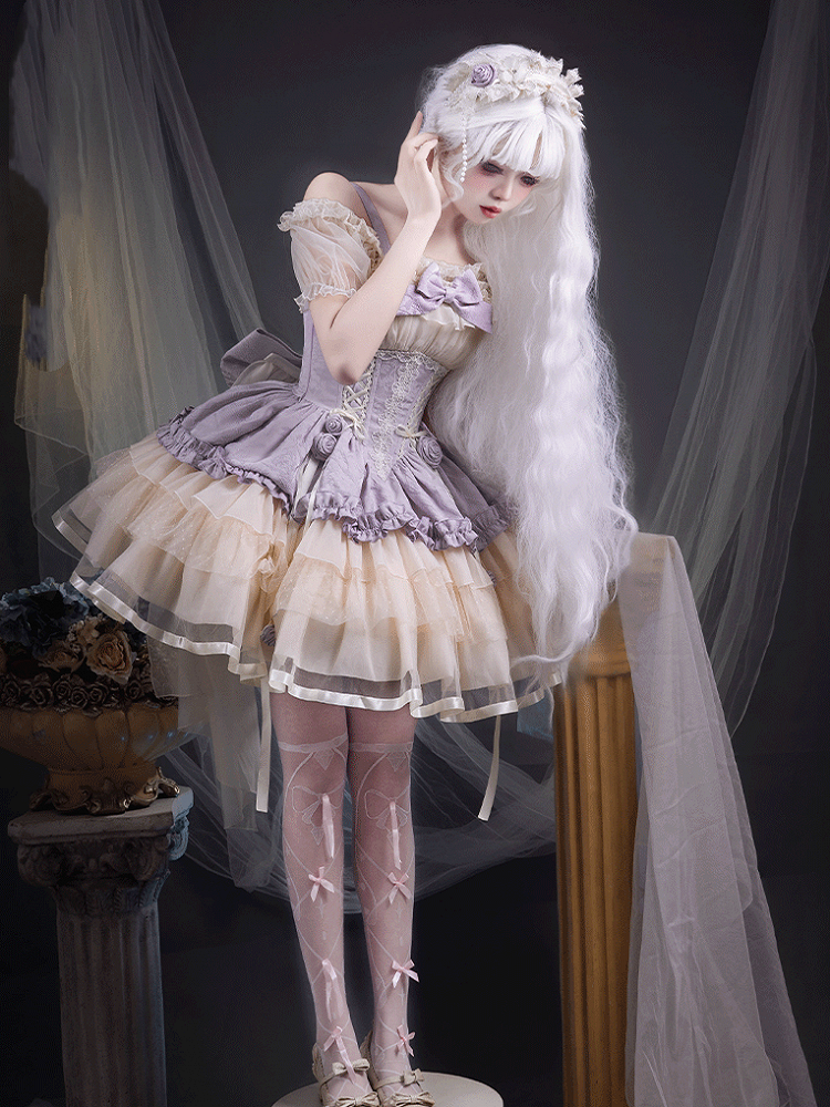 Train Beige and Purple Big Corset Sweet Lolita Balletcore Dress Waist Lace-up with Bow JSK