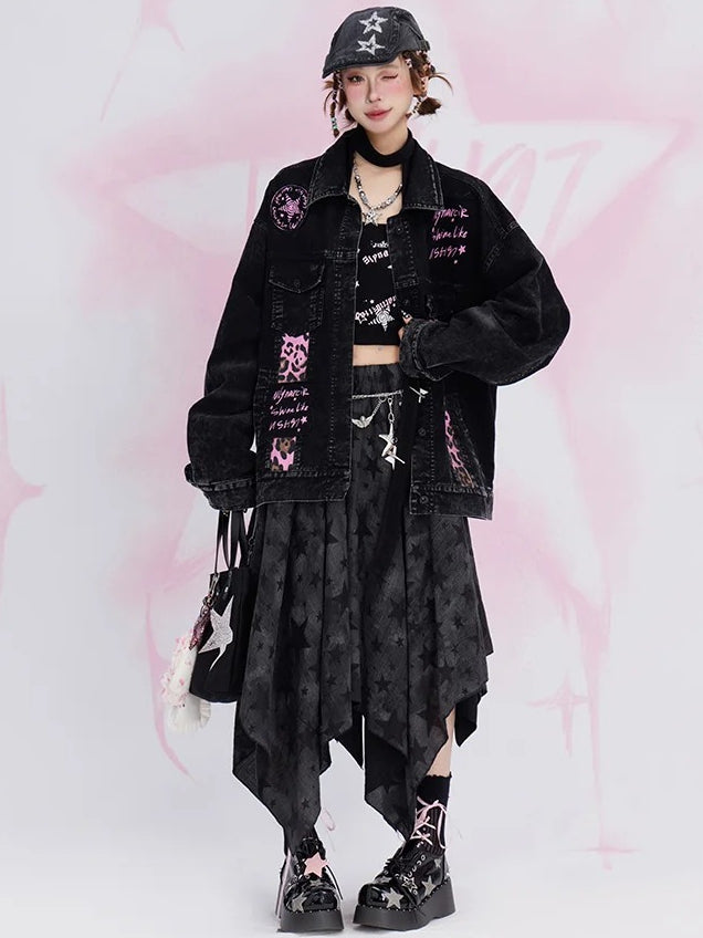 Black Y2K Stars Handkerchief Hem Skirt