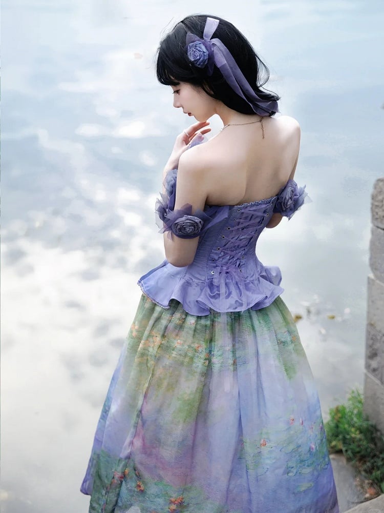 Boned Corset Top with Detachable Floral Adornments Purple Flounce Hem