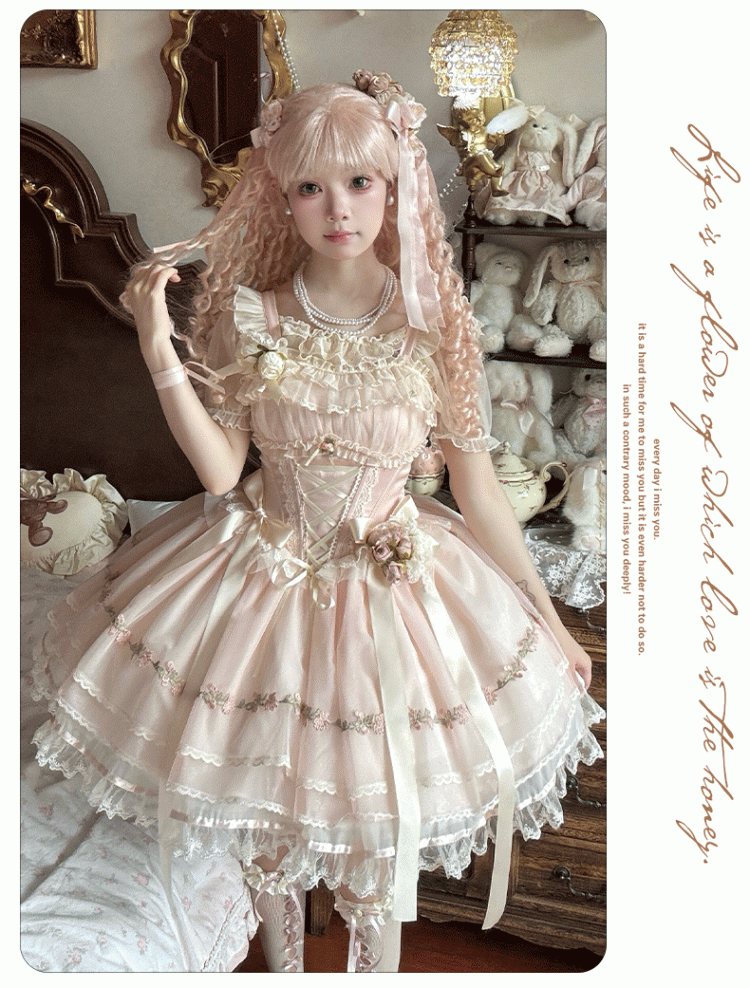 Boned Waist Balletcore Pink Ribbon Decoration Flutter Sweet Bowknots Sleeves JSK Lolita Dress
