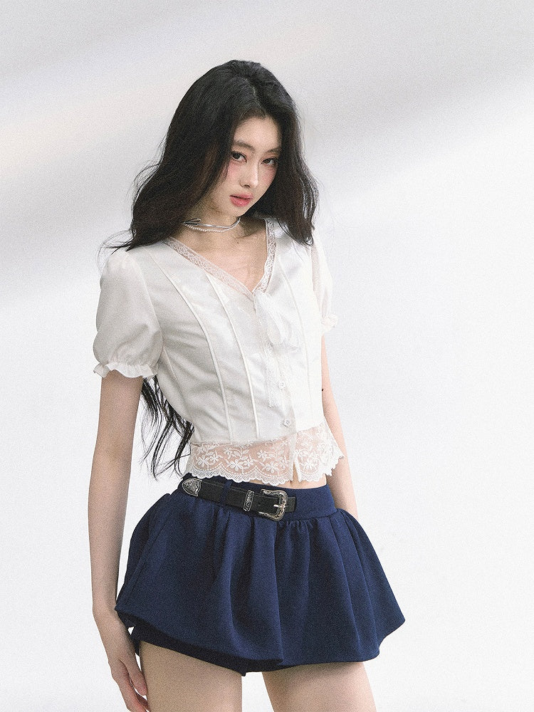 White Neckline Lace Hem Puff Sleeves Blouse Straps Self-tie