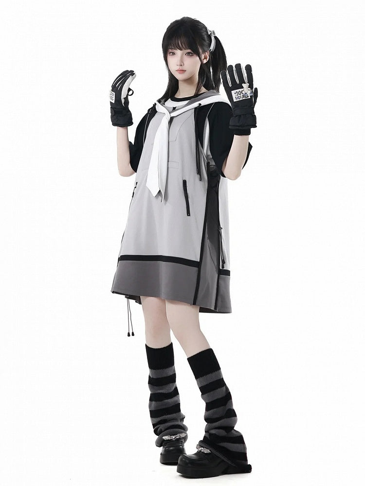 Dress Side Techwear Kapuzenweste Grau Colorblock Design Kordelzug
