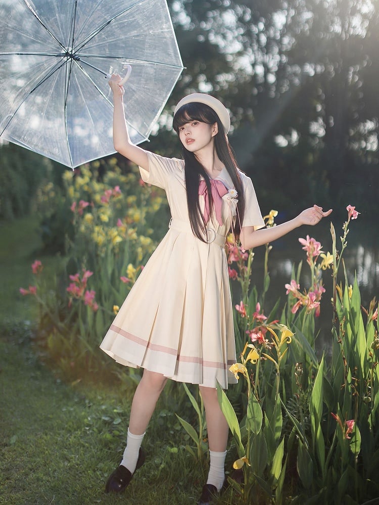 with Pleat Box Sailor Yellow Milk Waist Dress Skirt Collar Belt