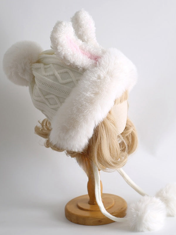 Weiße süße Lolita-Häschenohren-Strickmütze aus Plüsch mit Pompons