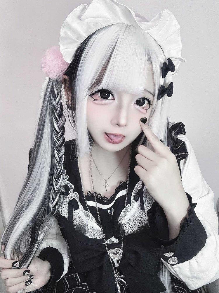 Highlight White Black Length Gothic Straight With And Hime Wig Bangs 80CM Air Cut