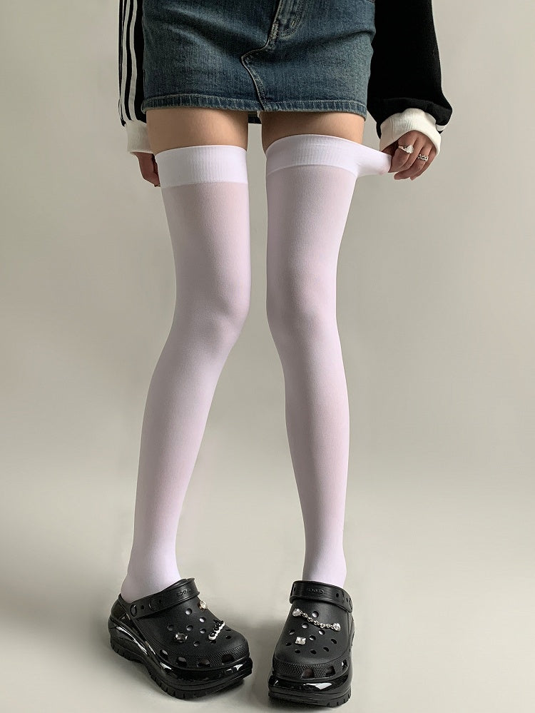 Trim Ribbed Version Stockings White/Black Over-knee Longer