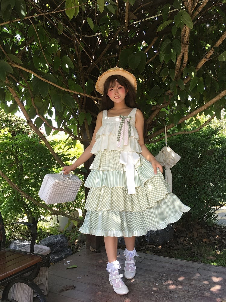Rüschen gestuft mit Mori Kei Grün Patchwork Ärmelloses Kleid