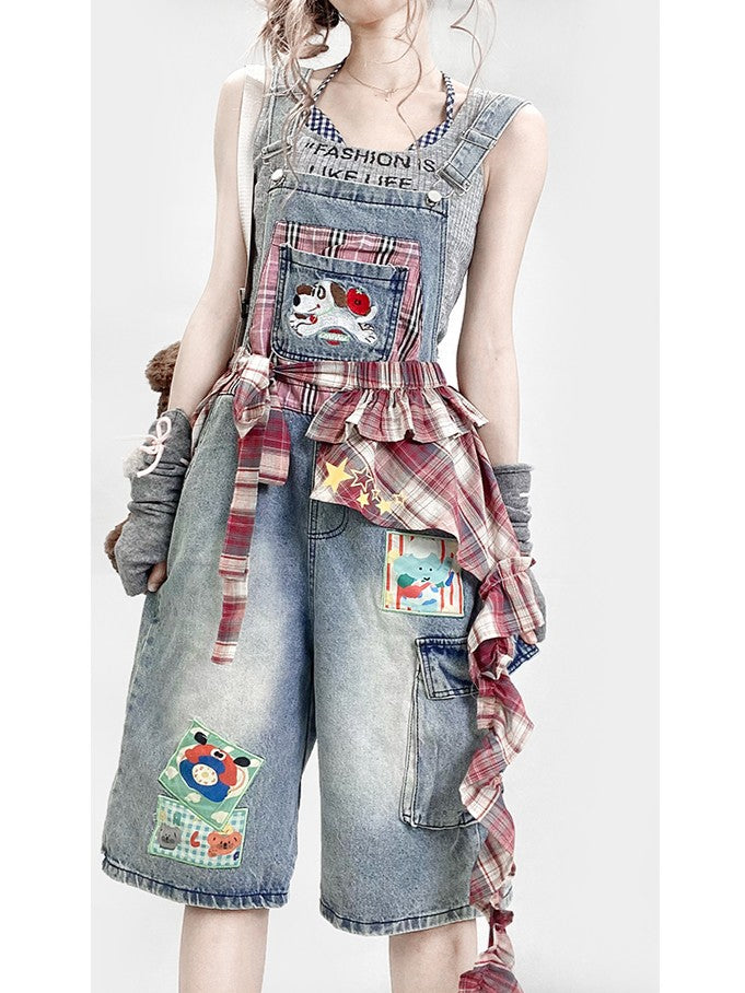 Pocket Jeans Puppy with Summer Waist Cute Accessory Plaid Overall
