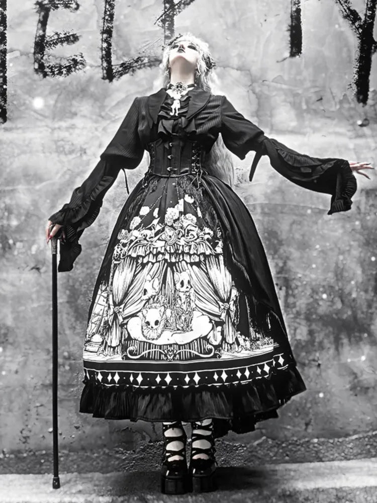 Sleeves Dark Belt Available Black Corset Gothic Plus Set Long - Full Lolita Skirt Sizes Shirt +