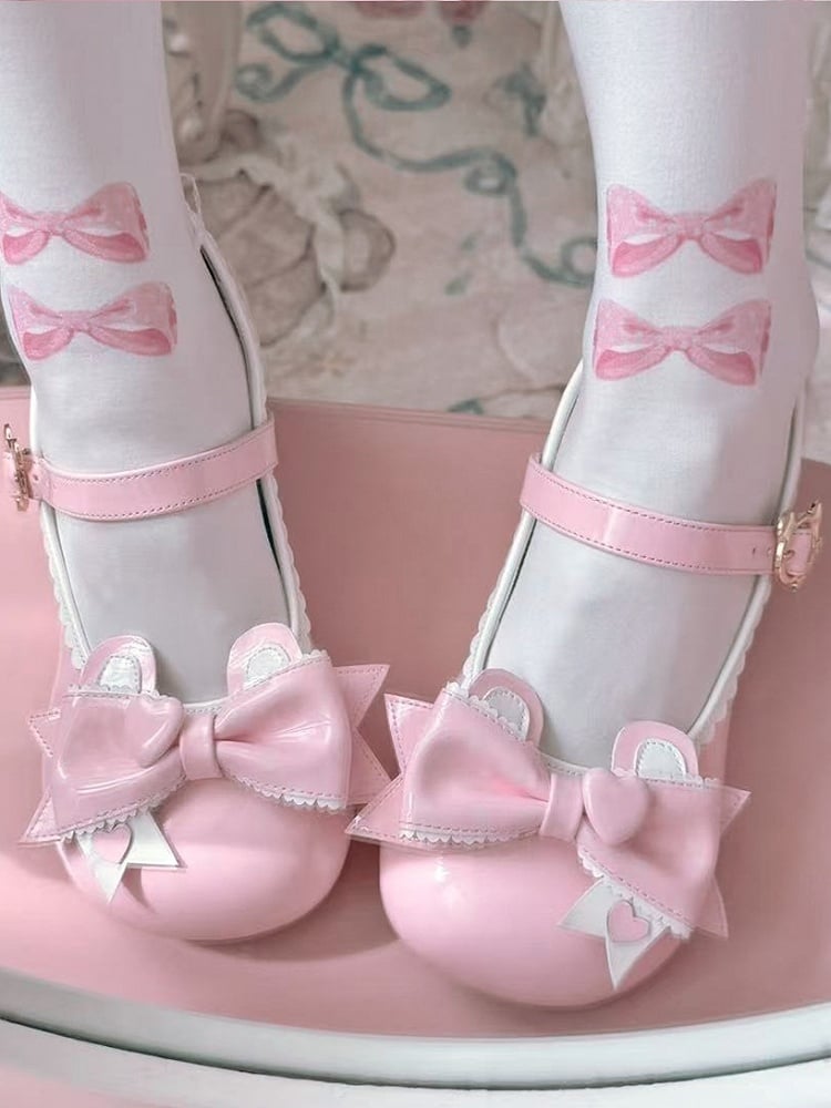 Mary with Lolita PU Top Sweet Bow Ear Pink Low-heel Teddy in Janes Closure Bear