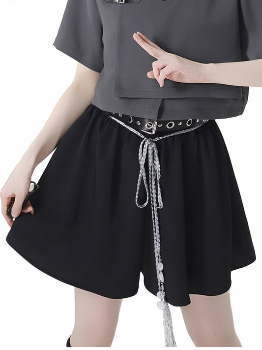 Belt Black Cheongsam Tassel Style Shorts with Buckle Belt and
