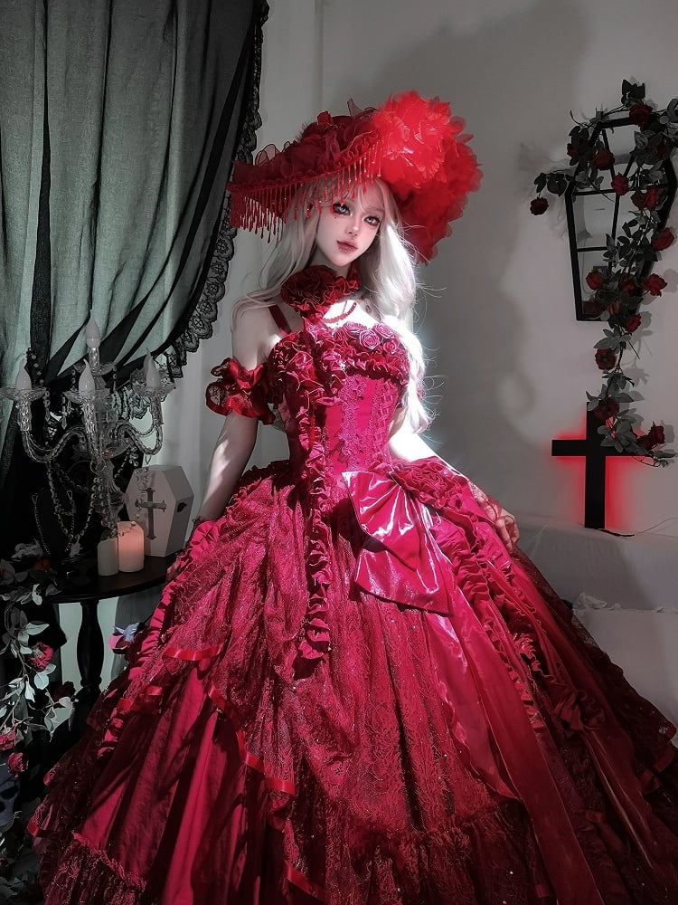 Hanayome Waist Boned Floor Corset Length Gown Hime Dress Red Ball Lolita