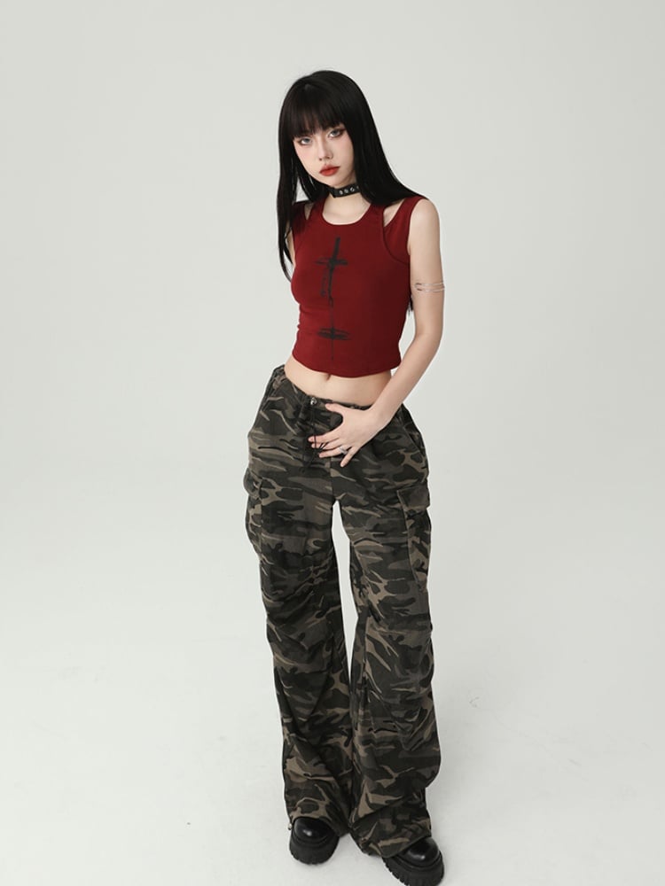 Gothic Wine Red Cross Backless Glamorous Cropped Sleeveless Top