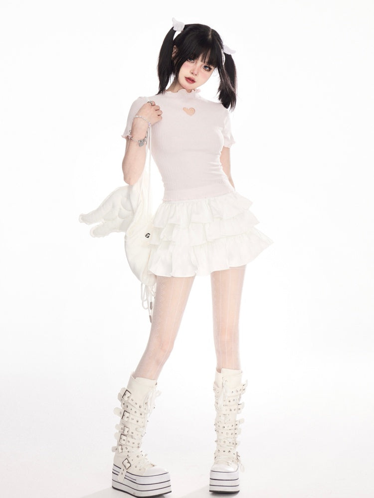Heart-shaped Cutout Lettuce Hem T-Shirt Neck Pink Mock