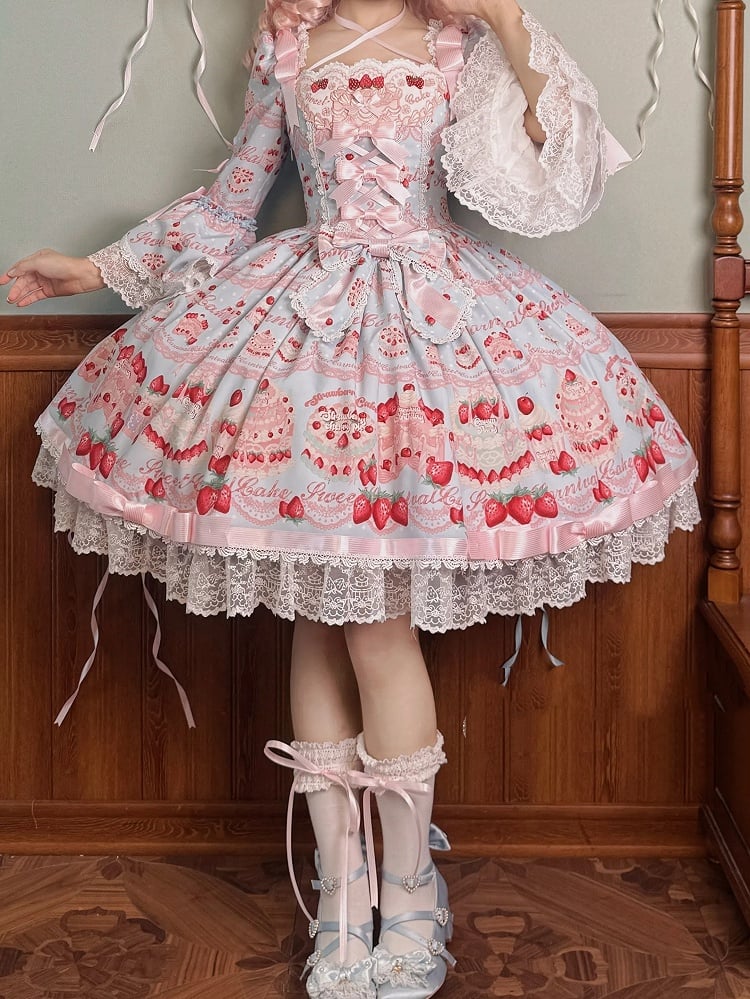 Blue Lolita Dress Bell Cake Piece Long Strawberry Sleeves One Sweet Print