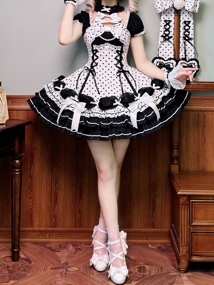 Akzente Schwarz Polka Dots Kleid Old School Schleife Weiß Lolita Neck Halter mit