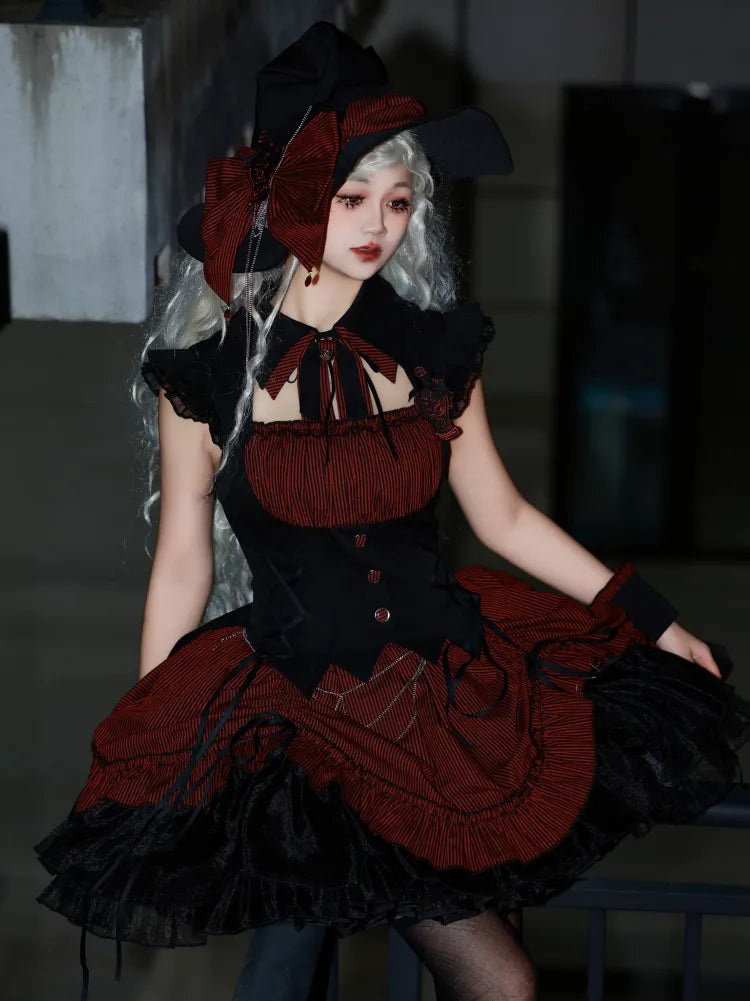Red and Black Boned Waist Drawstring Striped Pattern Hem Halloween Gothic Lolita Dress