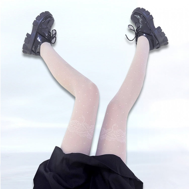 Black / White Bowknot and Polka Dots Pattern Fishnet Tights