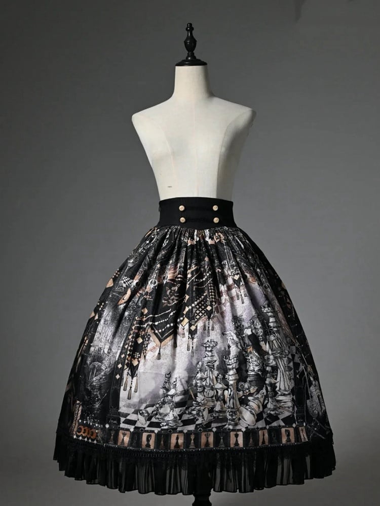 Skirt Theme Black Waist Corset Belt Chess Lolita Print