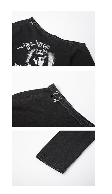 Cutout Shoulder Top Y2K Punk Black Asymmetrical
