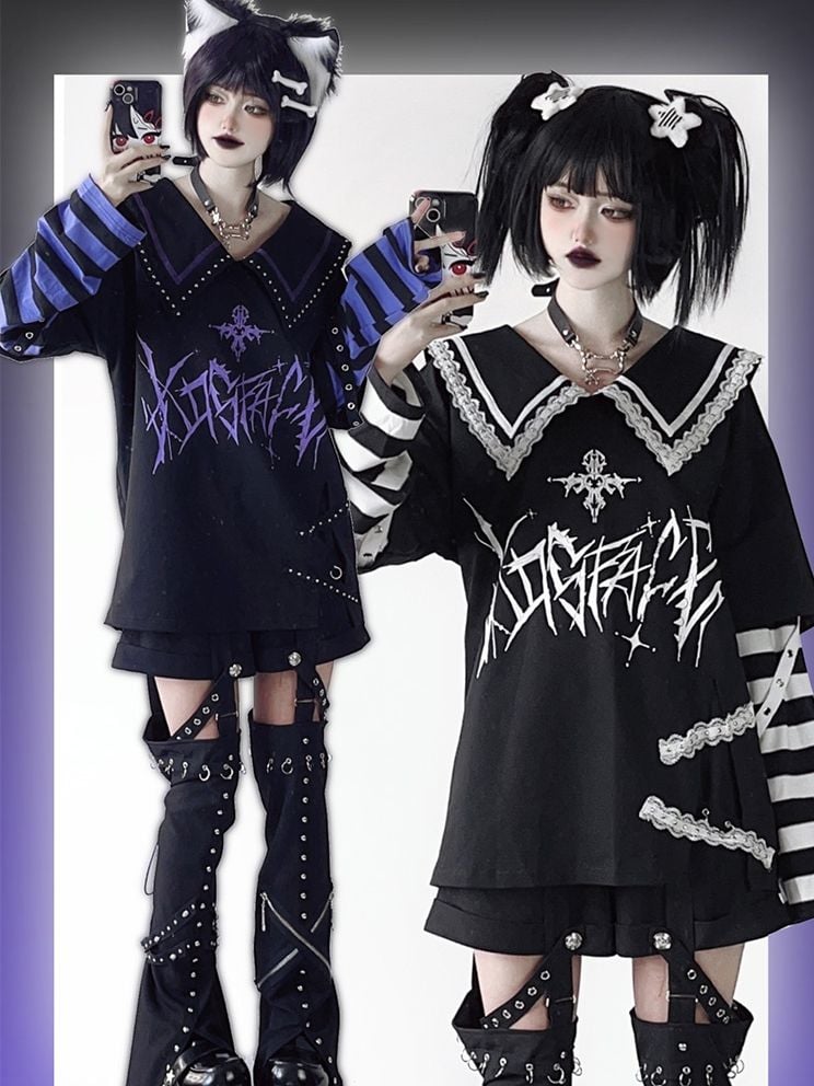with in Sleeves Purple Pointed Black Top Graphic Contrast Striped White / Sailor Collar