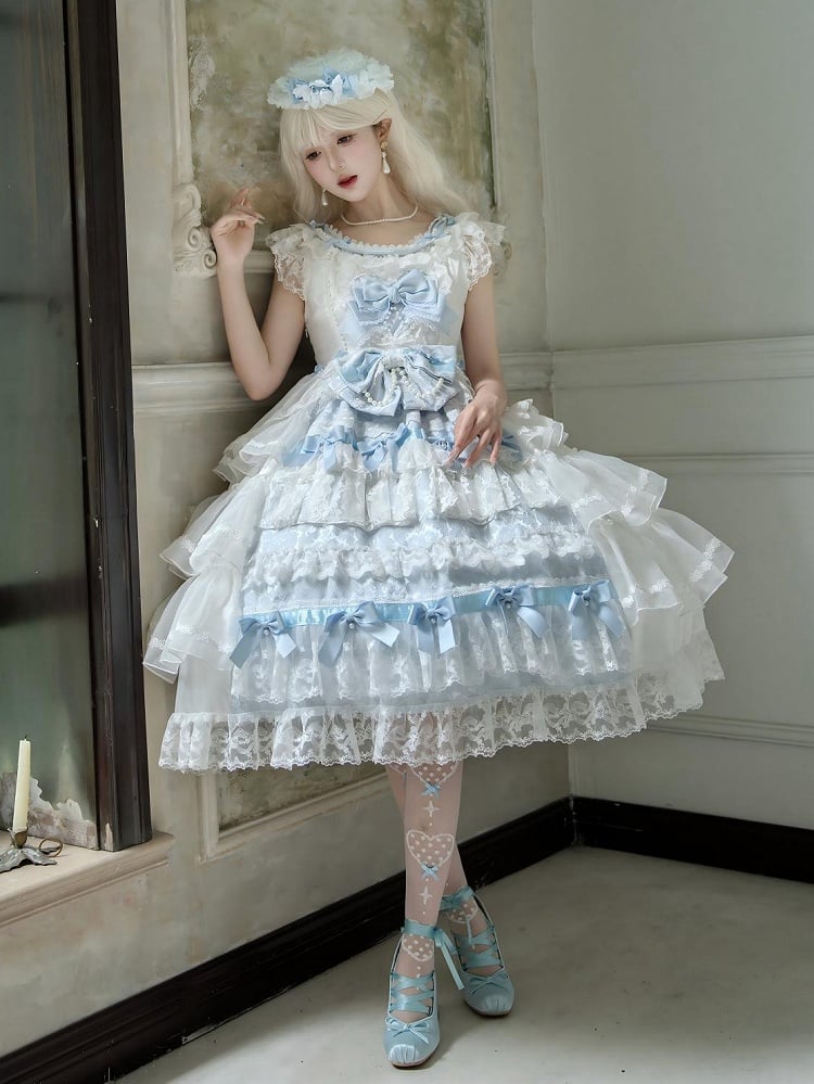 Bows and Skirt Decoration Dress Full Tiered Set Hanayome Blue White Lolita JSK Hime