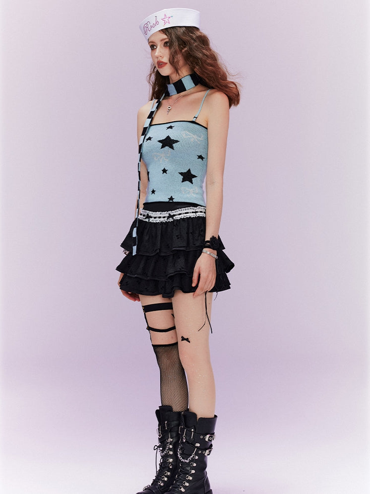 Striped Scarf Y2K Blue Star and Bow Print Cami Top with