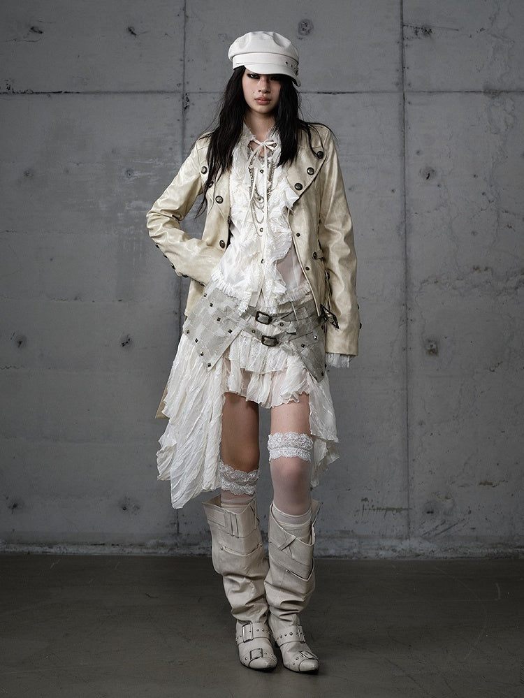 Yellow Belt Rose Jacket with Punk Buckle Embroidery Cropped Tailored Khaki