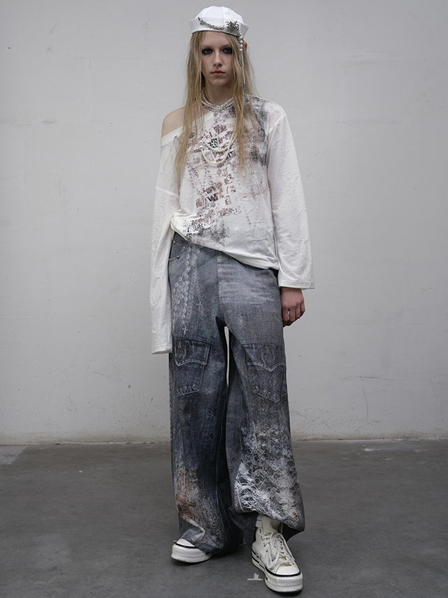 Wasteland Punk Letter Long Top Asymmetrical Blue/Beige Sleeves Neckline Print