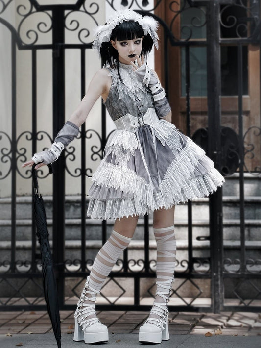 Kleid Rock Panel Schnalle Grau Feder Schulter Lolita Spitze Gothic Riemen