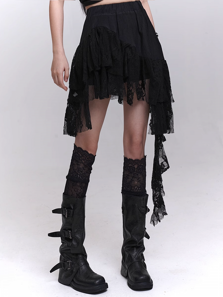 Patchwork Black Lace Cascading Ruffles Skirt