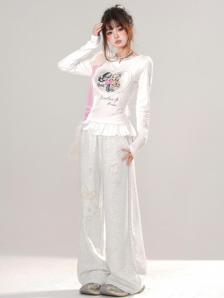 グレー/ホワイト パピーズプリント フリルヘム スリムフィット Tシャツ