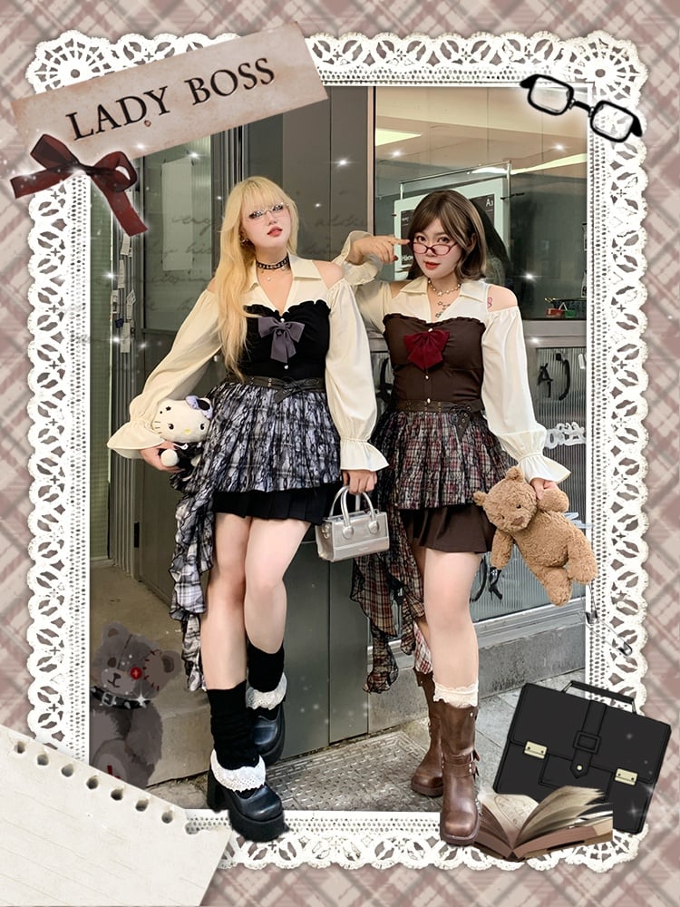 Plaid Waist Accessory with Cascading Ruffles Size Black Plus Brown /