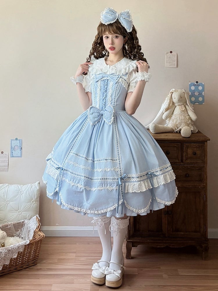 Lolita Old Edge Blauer Pullover Kleid Rock Schulbesatz Gewellter Saum