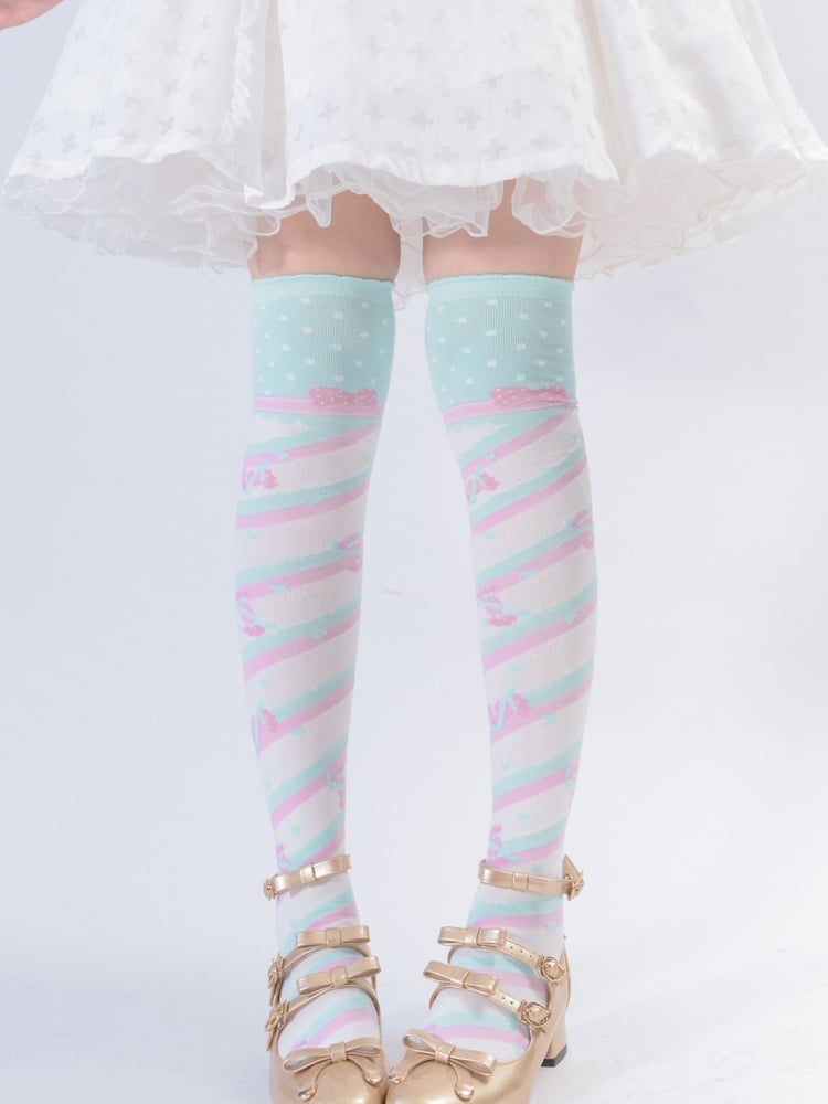 Little Candy Cotton Over-the-Knee Stockings - Mint Green and Pink Stripes