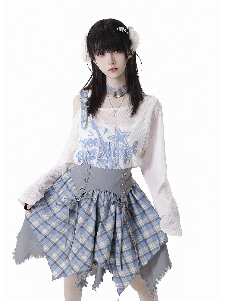 Plaid Skirt White /Black Frayed Handkerchief Hem Blue