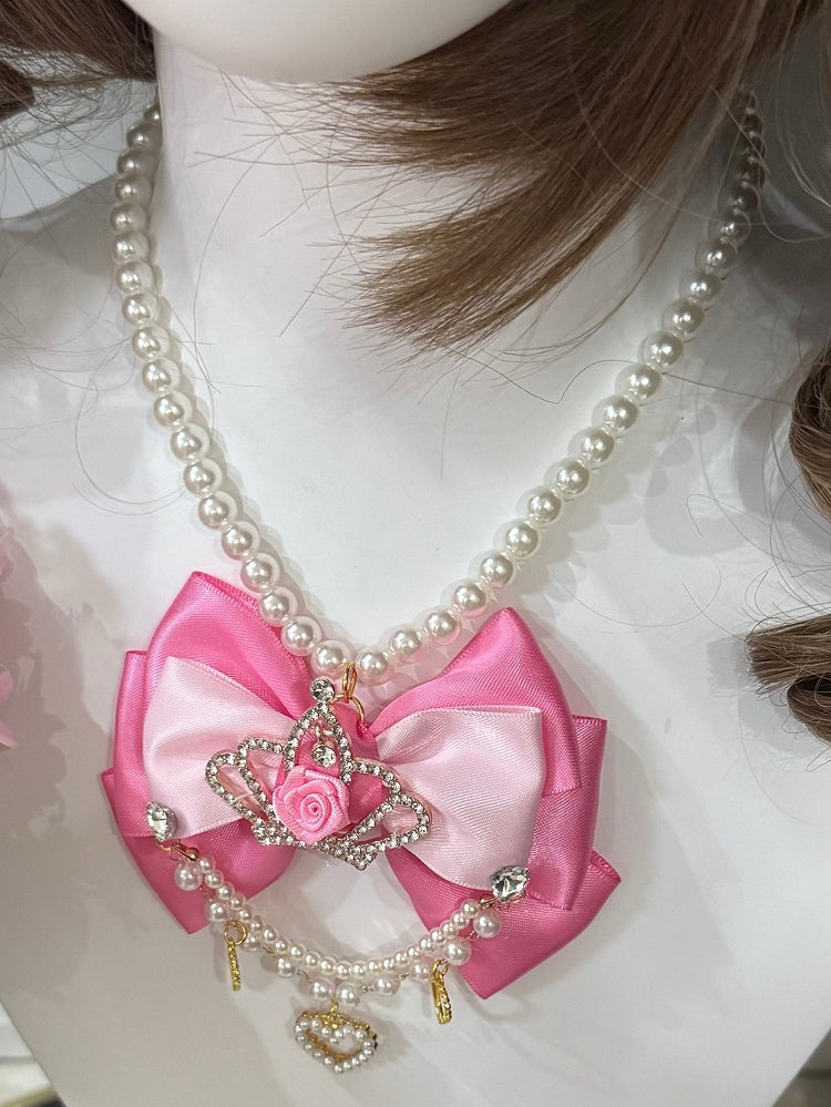 Rhinestone Beaded Heart Black/Pink Crown And Pendant Necklace Bowknot Decorated